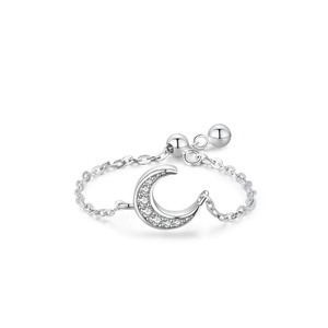 Adjustable S925 silver chain ring featuring a crescent moon pendant set with cubic zirconia