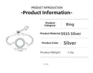 Dettaglio anello a catena in argento S925 con cerchio in zircone e specifiche di misura