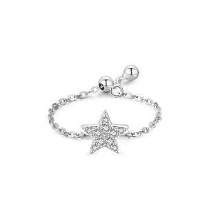 Adjustable S925 sterling silver star chain ring with sparkling white cubic zirconia