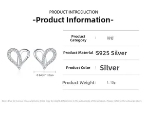 Macro view of S925 sterling silver heart stud earrings with cubic zirconia pavé details