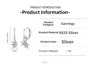 Détail des boucles d'oreilles étoile en argent S925 avec dimensions et spécifications