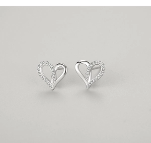 Detail of S925 silver heart stud earrings with half-polished and half-micro-paved zircon