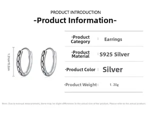Detail view of S925 silver hoop earrings with grid texture showing 1.31cm diameter size
