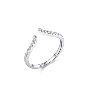 Luxury 925 Sterling Silver Open Ring For Women Elegant Wave Geometric Zirconia Adjustable Finger Ring Fashion Jewelry Gift