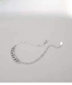 Detail of s925 silver double-layer chain bracelet with micro-pave cubic zirconia
