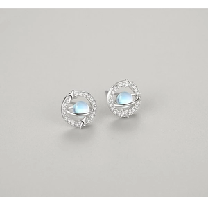 Macro view of S925 silver moonstone planet earrings with micro-inlaid cubic zirconia