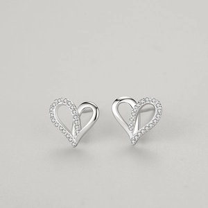 Elegant S925 sterling silver heart stud earrings with asymmetric micro-pave crystals