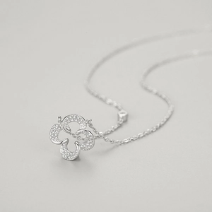 S925 sterling silver lucky leaf pendant necklace with micro-pave crystals on thin chain