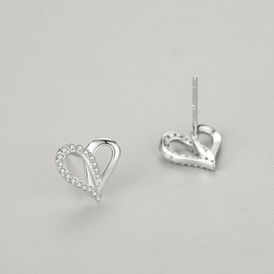Minimalist S925 sterling silver heart stud earrings with asymmetric micro-pave crystals