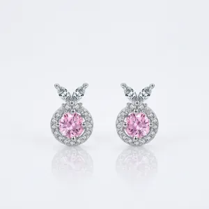 Boucles d'Oreilles Clous Lapin en Argent Sterling 925 avec Zirconia Rose Pour Femme Bijoux Géométriques Mode