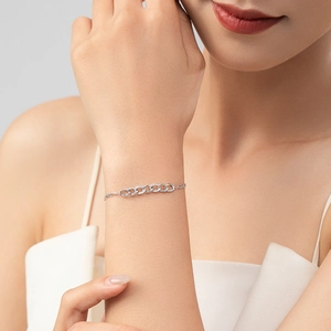 Double-layered S925 silver chain bracelet with micro-pave zircon interlocking links on wrist