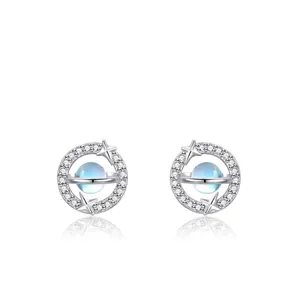 925 Sterling Silver Planet Stud Earrings For Women Moonstone Zirconia Orbit Star Fashion Celestial Earring Jewelry Gift