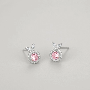 Boucles d'oreilles lapin en argent S925 avec zircons roses et pierres pavées brillantes