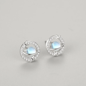 Elegant S925 sterling silver moonstone planet earrings with halo cubic zirconia studs