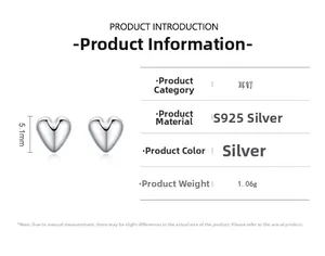 Detail view of heart stud earrings with 5.1mm height specification and S925 silver texture