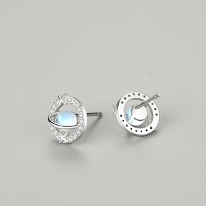 Elegant S925 sterling silver moonstone planet stud earrings with sparkling micro zircon