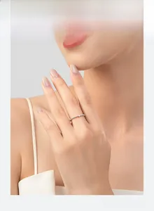 Close-up of minimalist S925 sterling silver ring with micro-set zircon on model's finger