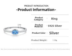 Détails de la bague en argent S925 avec zircon bleu et dimensions techniques