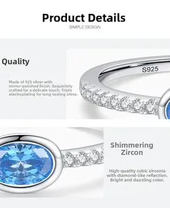 Détails de la bague en argent S925 avec zircon bleu ovale et finition polie miroir