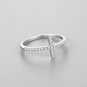 Elegante anello a croce in argento sterling S925 con micro-pavé di zirconi bianchi
