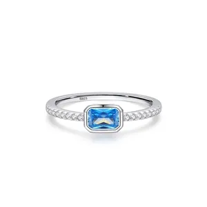 925 Sterling Silver Blue Cubic Zirconia Ring Elegant Rectangle Cut Simulated Diamond Wedding Engagement Ring For Women