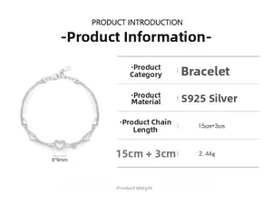 S925 sterling silver heart bracelet with dimensions 8x9mm and 15+3cm chain details
