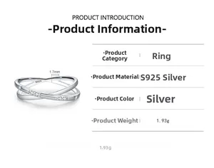Macro detail of S925 sterling silver criss-cross ring with pave stones and dimensions