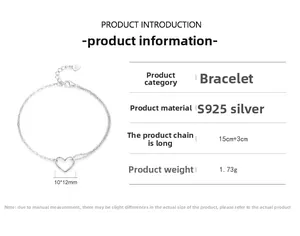 Detailed specifications of S925 sterling silver heart bracelet with dimensions and weight