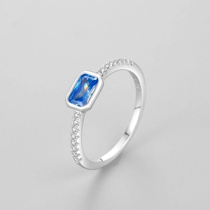 Elegant S925 sterling silver ring with rectangular blue zircon and micro-pave setting