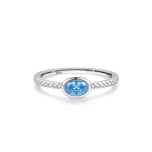 Bague en Argent Sterling 925 Zirconia Bleu Ovale Pierre Précieuse Bijoux de Mode Minimalistes pour Femme Fiançailles Cadeau