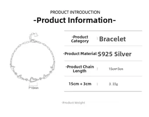 Detail view of S925 silver heart bracelet with dimensions 15 plus 3cm chain length