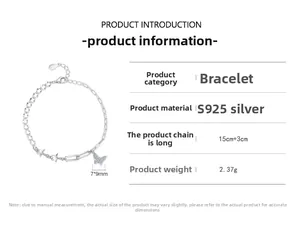 Detailed specs for S925 sterling silver butterfly bracelet with star charms and 15+3cm chain