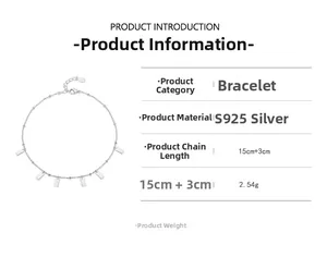 S925 sterling silver bracelet featuring five polished rectangular charms and adjustable chain
