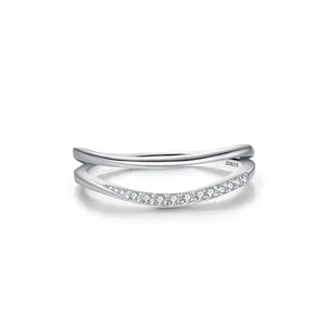 925 Sterling Silver Double Layer Wave Ring For Women Zirconia Micro Inlaid Minimalist Adjustable Finger Ring Fashion Jewelry