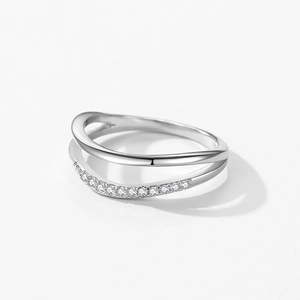 Minimalist double-layer S925 sterling silver ring with wave design and sparkling zircon pavé