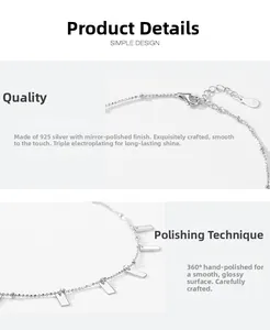 Detailed view of S925 sterling silver chain with lobster clasp and rectangular pendants