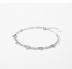 Close-up of S925 silver heart bracelet with micro-paved cubic zirconia and lobster clasp