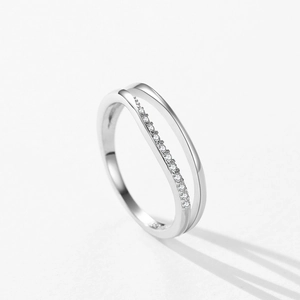 Minimalist S925 sterling silver double-layer ring with sparkling pave stones in white background