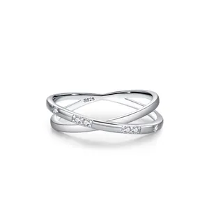 925 Sterling Silver Crossed Geometric Ring For Women Minimalist Micro Pave Zirconia X-Shape Fashion Jewelry Finger Ring