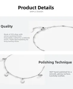 Macro detail of S925 sterling silver clover bracelet with triple plating and mirror finish