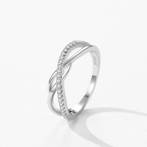S925 sterling silver crisscross ring with micro-pave cubic zirconia and polished bands