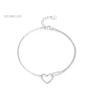 S925 Sterling Silver Heart Bracelet For Women Asymmetric Bead Paperclip Chain Adjustable Fashion Jewelry Minimalist Gift