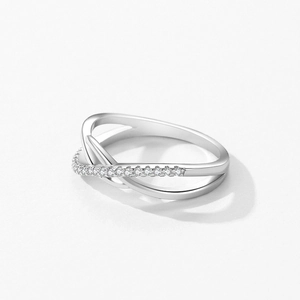 S925 sterling silver criss-cross geometric ring with micro-pave cubic zirconia stones