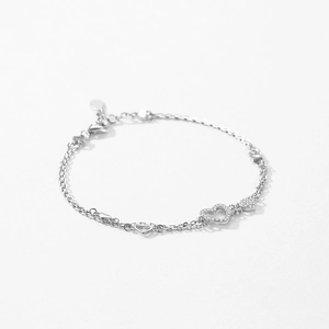 S925 silver double-layer heart bracelet with micro-paved crystals and adjustable chain