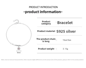 Detailed S925 silver bracelet specifications with pink zircon flower charm and 15cm chain