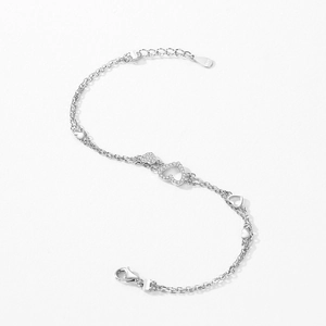 Elegant S925 sterling silver heart-shaped double-layer chain bracelet with micro-pave crystals