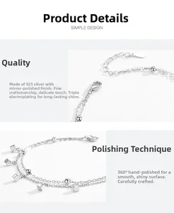 Detail of S925 sterling silver double-layer bracelet with polished beads and squares
