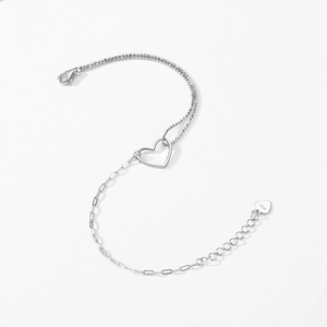 S925 sterling silver heart bracelet featuring dual bead and link chains with heart charm