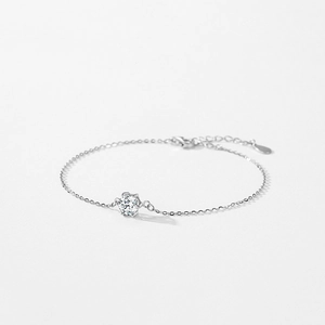 S925 sterling silver six-prong single diamond chain bracelet with adjustable lobster clasp