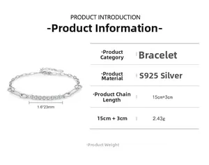Détails du bracelet en argent S925 montrant la longueur 15cm+3cm et le poids 2,43g